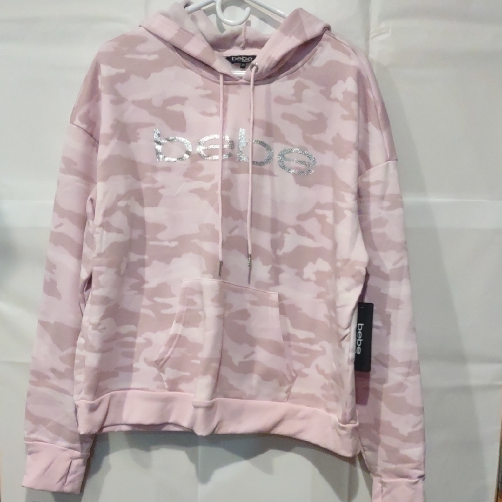 Bebe Light Pink Camo Hoodie with Shimmering Logo
